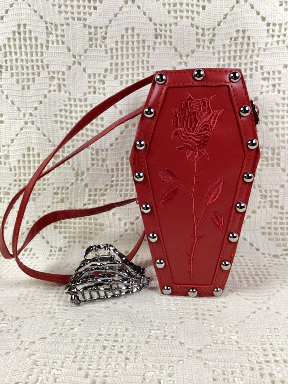 Red Coffin Crossbody Bag with Embossed Rose & Skeletal Hair Clip